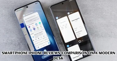 smartphone phone reviews comparison on a modern desk